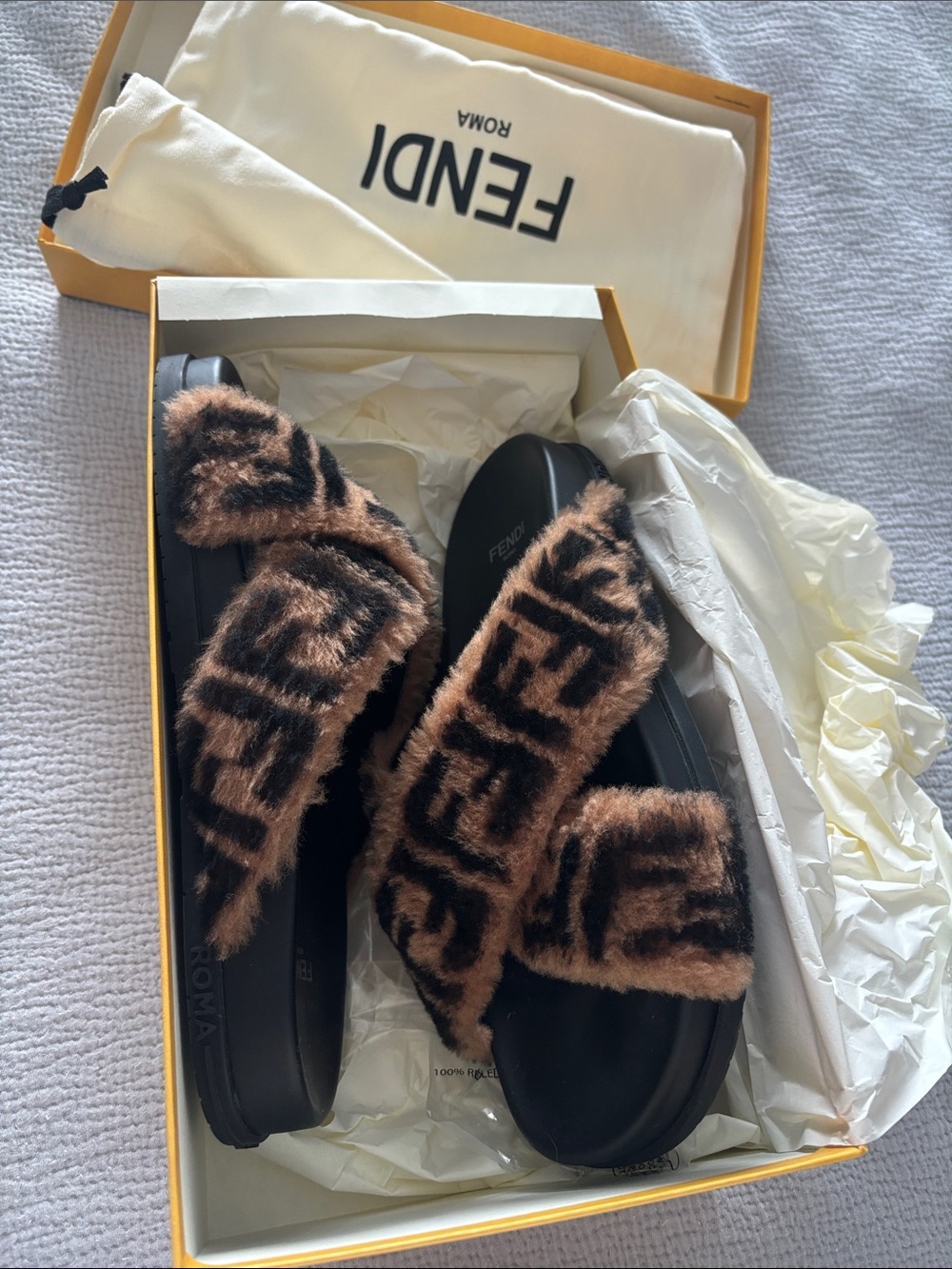 Fendi Brown and Black Logo Faux-Fur Slide Sandals